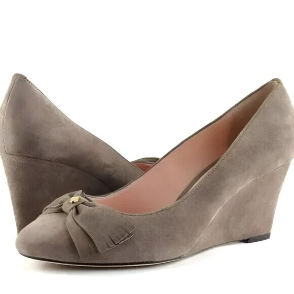 Kate Spade Neutral Taupe Beige Tan Leather Minimalist Suede Pump Wedges Heels 7 - Picture 1 of 9